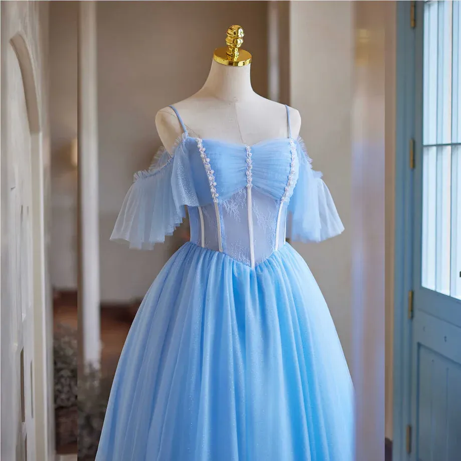 A-line Blue Off Shoulder Beaded Homecoming Dress Prom Dress Cocktail Dress #TKL2111