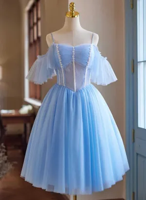 A-line Blue Off Shoulder Beaded Homecoming Dress Prom Dress Cocktail Dress #TKL2111