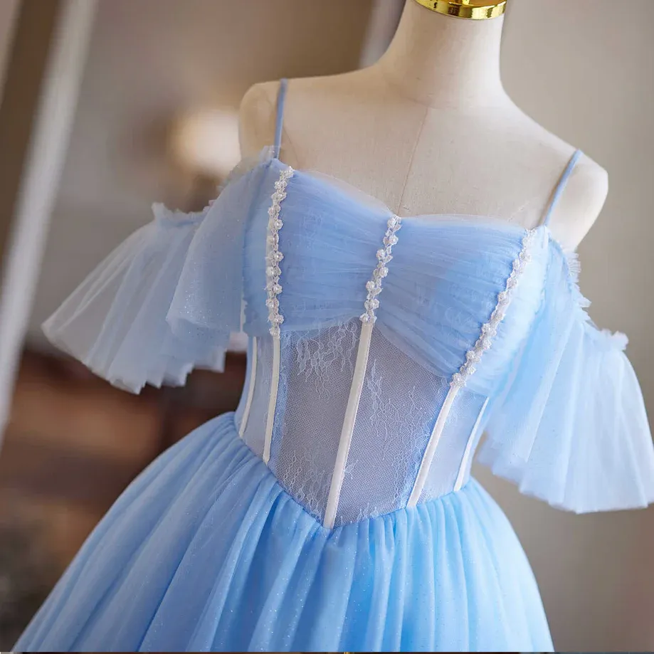 A-line Blue Off Shoulder Beaded Homecoming Dress Prom Dress Cocktail Dress #TKL2111