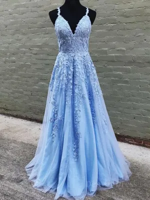 A Line V Neck Sky Blue Lace Prom Dresses Light Blue Lace Formal Evening Dresses