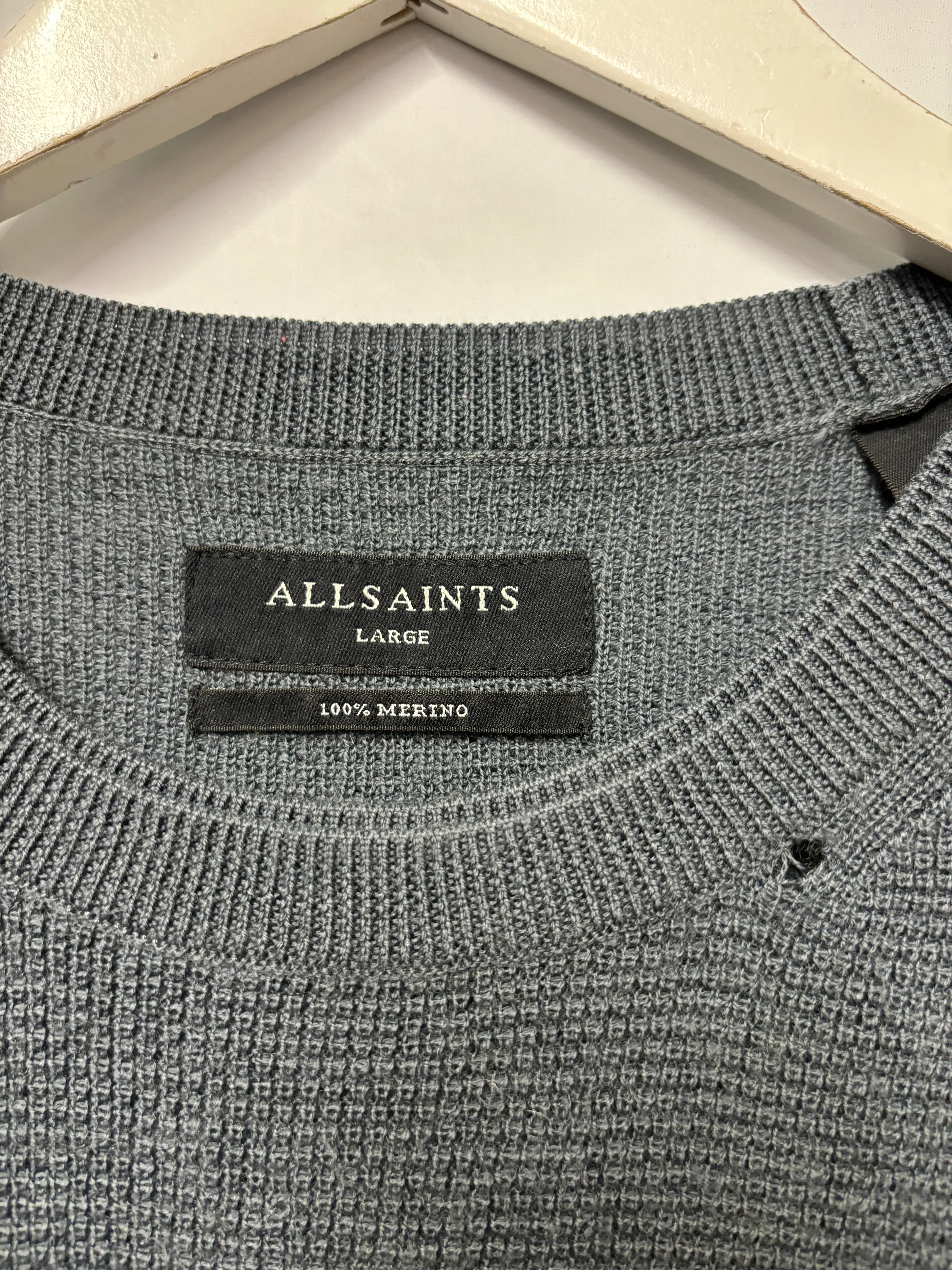 AllSaints Blue Grey Merino Double Collar Knitted Jumper Large