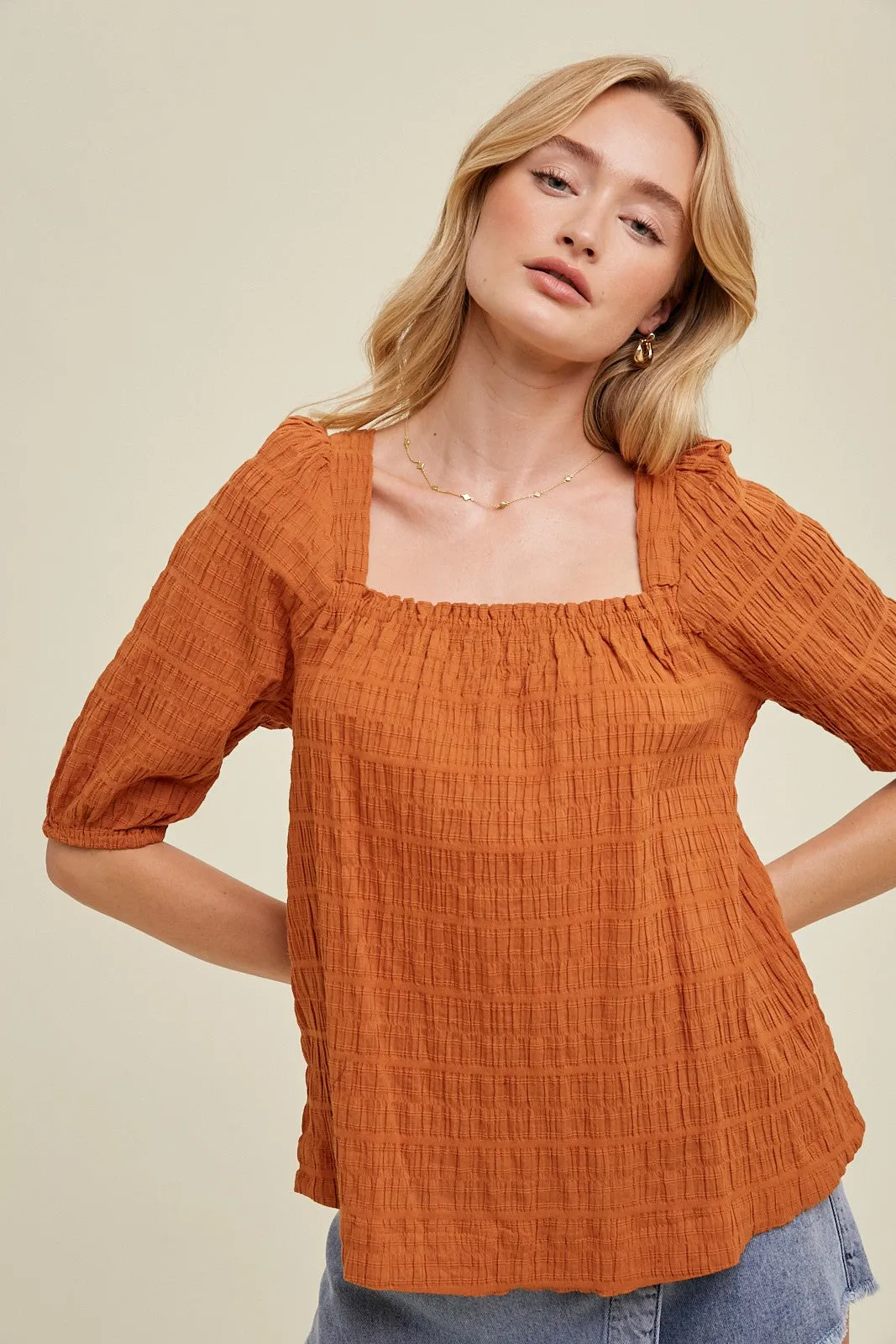 Amber Textured Balloon Sleeve Top