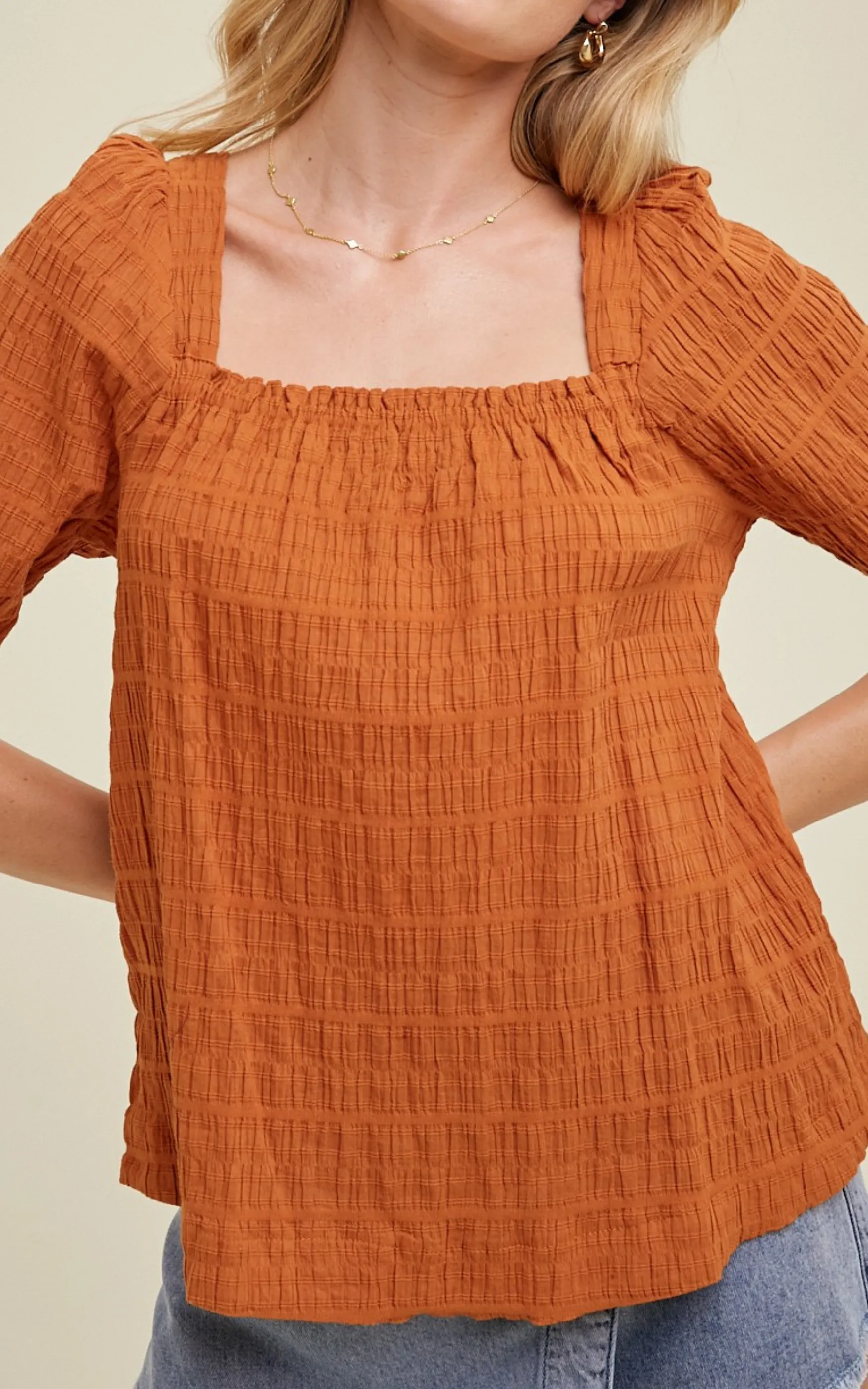 Amber Textured Balloon Sleeve Top