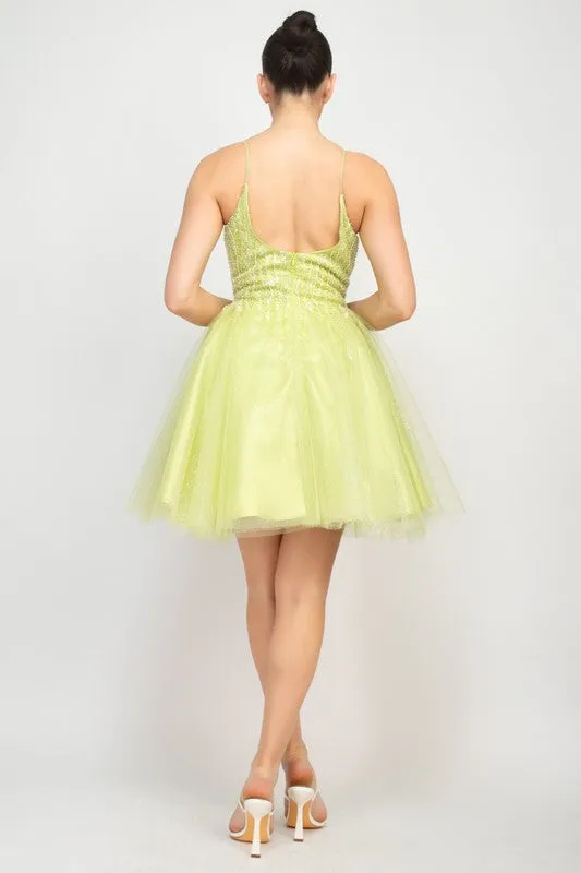 Apple Sequin Beads Tulle Mini Glittery Dress