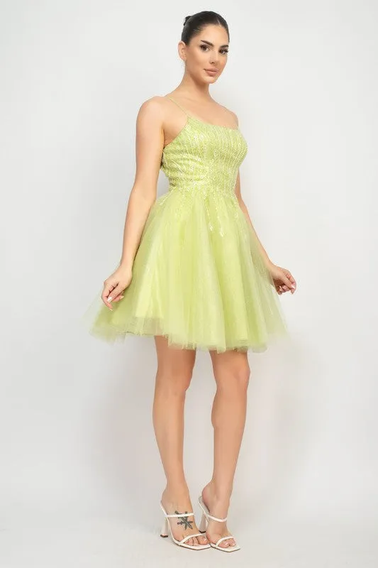 Apple Sequin Beads Tulle Mini Glittery Dress