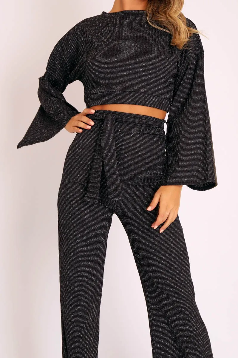 Black Glitter Wide Leg Ribbed Crop Top Co-ord - Cybil