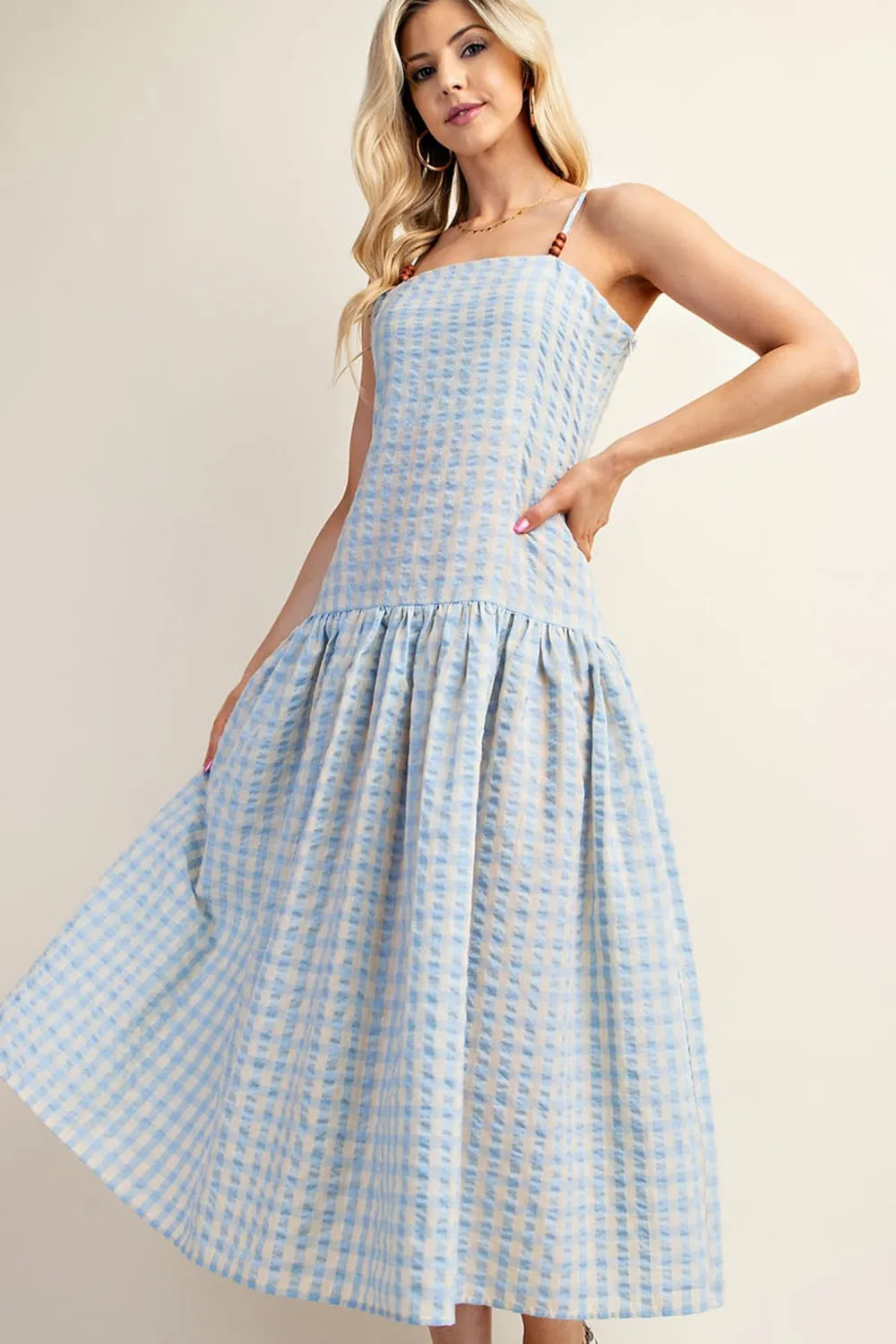 Blue Gingham Print Midi Dress