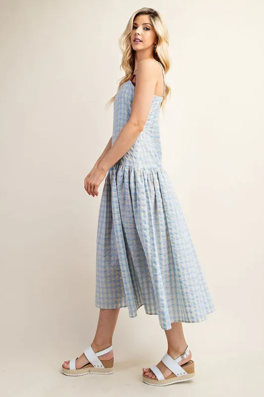 Blue Gingham Print Midi Dress