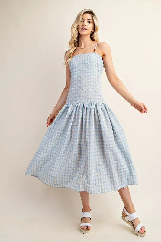 Blue Gingham Print Midi Dress