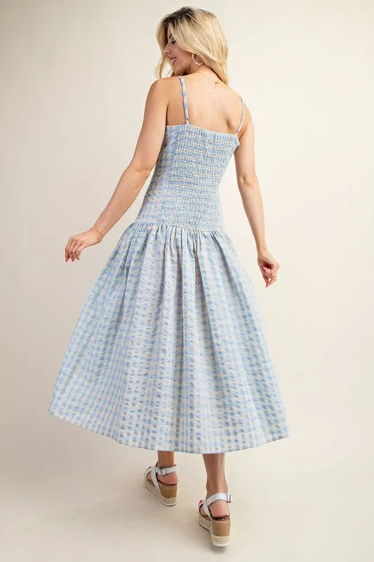 Blue Gingham Print Midi Dress