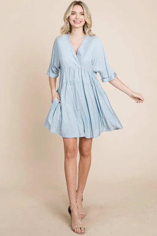 Blue Tiered Dolman Sleeve V neck Babydoll Dress