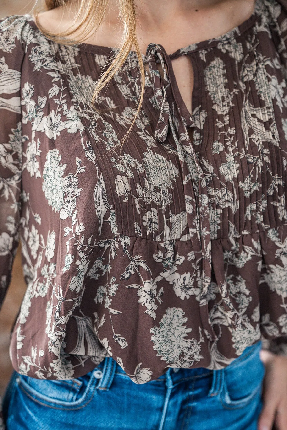 Brown Floral Print Tie Detail Blouse