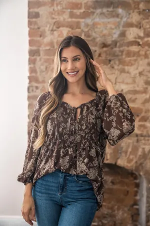 Brown Floral Print Tie Detail Blouse