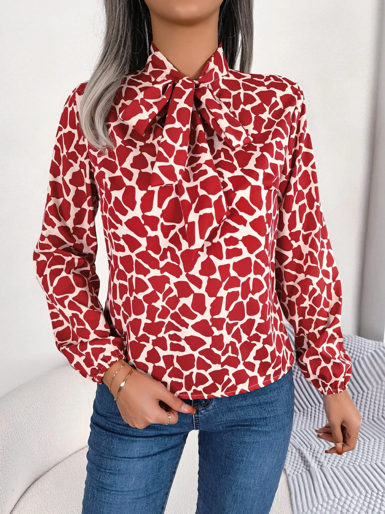 Casual Giraffe Print Tie-neck Long Sleeve Spring Fall Women's Blouse