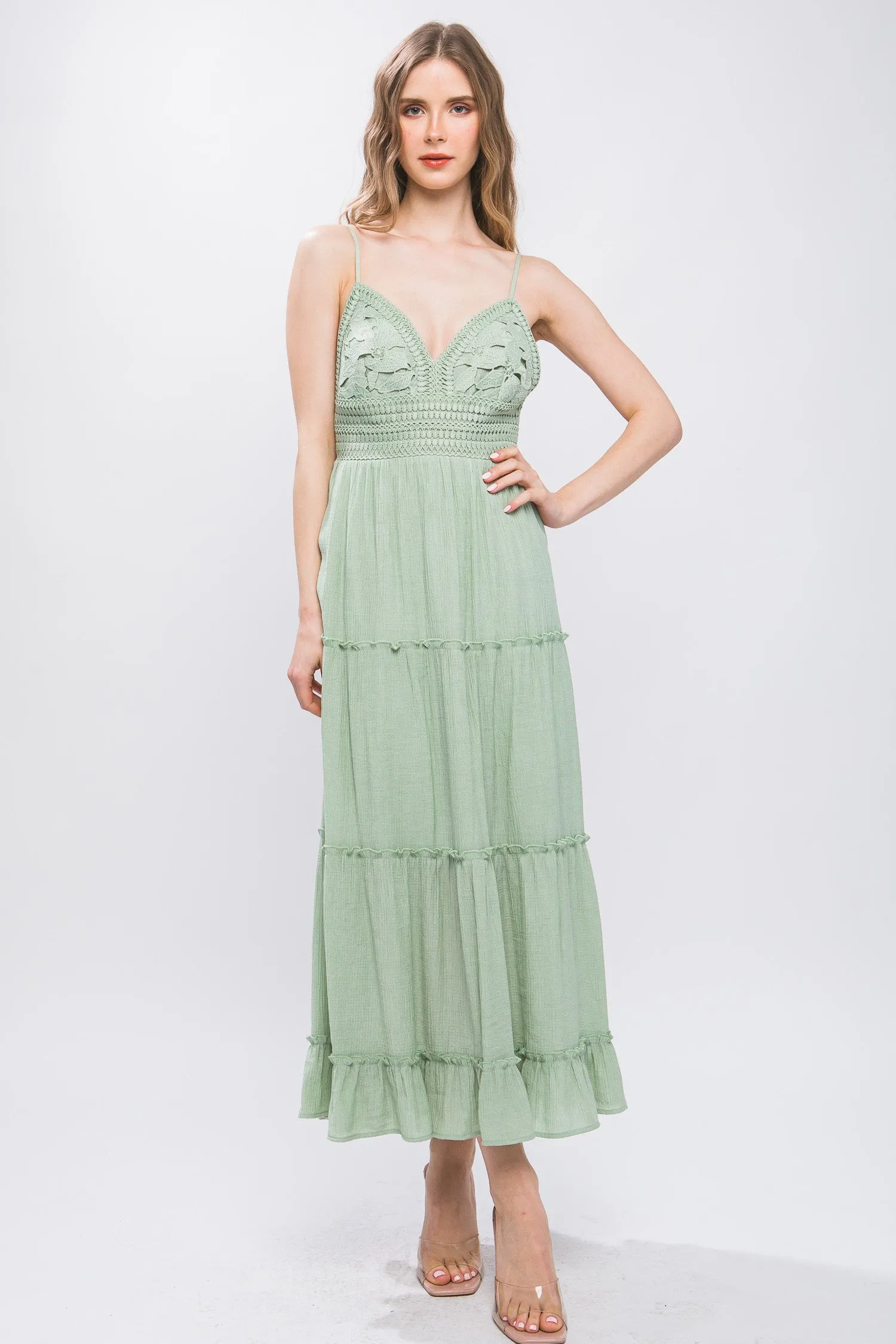 Celery Crochet Layered Panels Long Dress