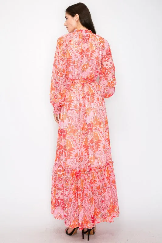 Coral Combo Floral Print Button Down Closure Tie Maxi Dress