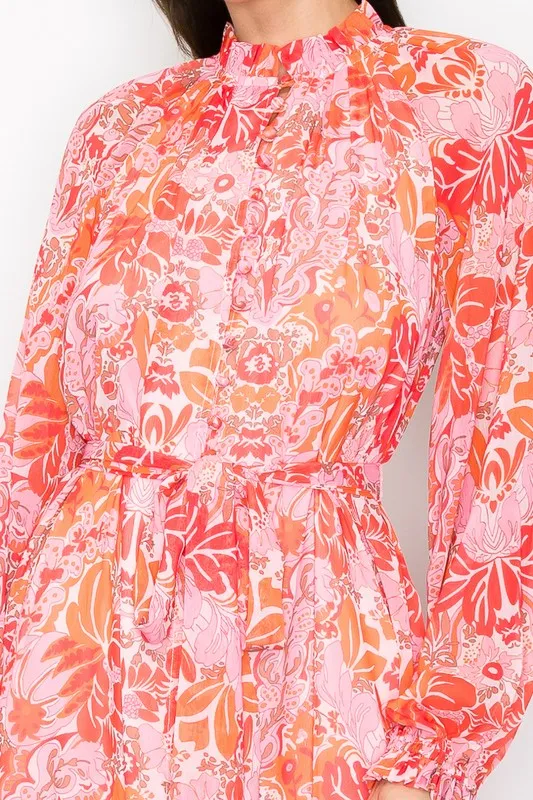 Coral Combo Floral Print Button Down Closure Tie Maxi Dress