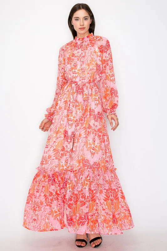 Coral Combo Floral Print Button Down Closure Tie Maxi Dress