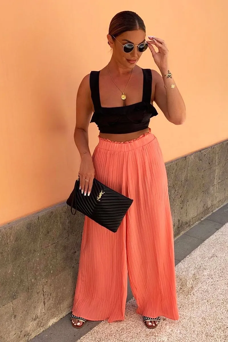 Coral Plisse Frill Waist Wide Leg Trousers - Otta