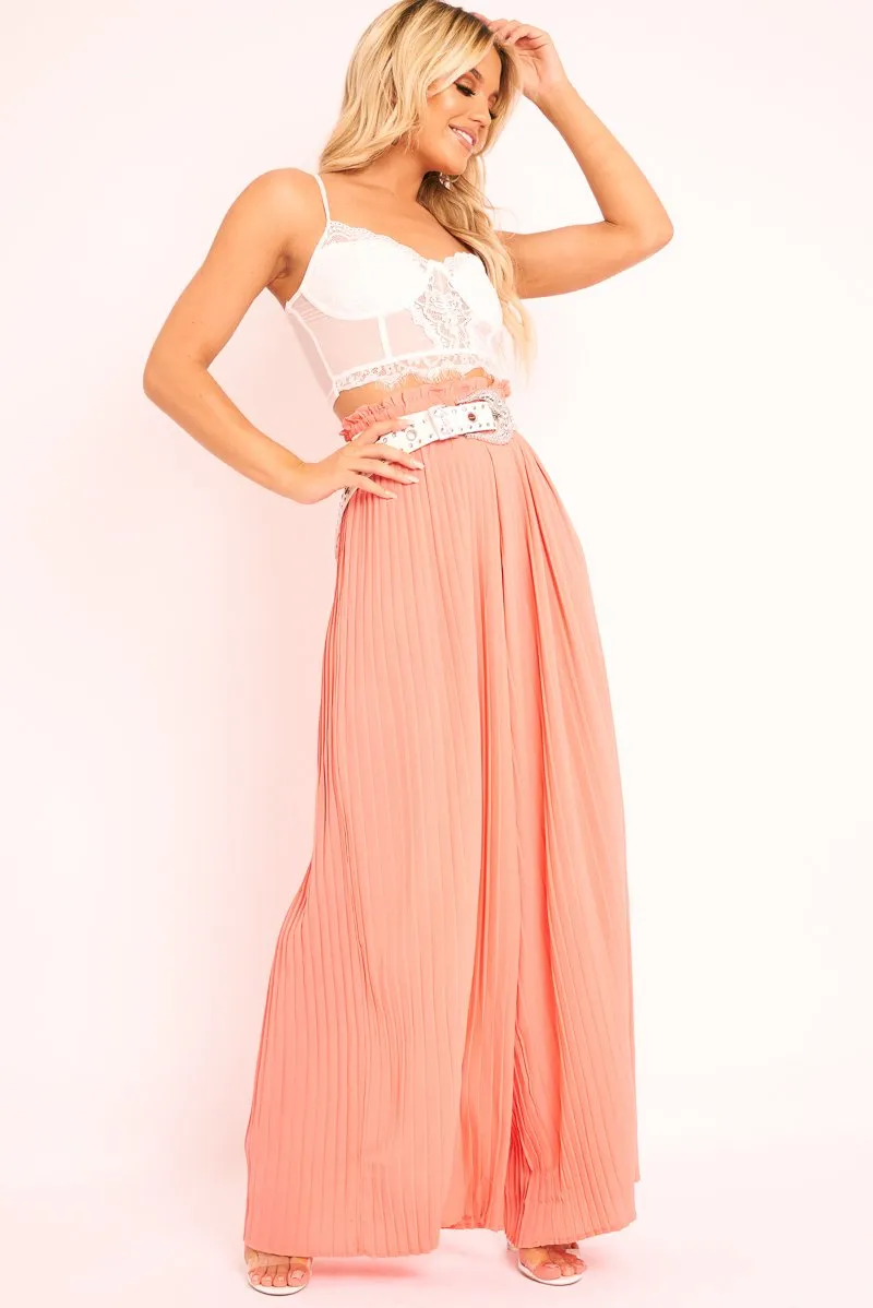 Coral Plisse Frill Waist Wide Leg Trousers - Otta