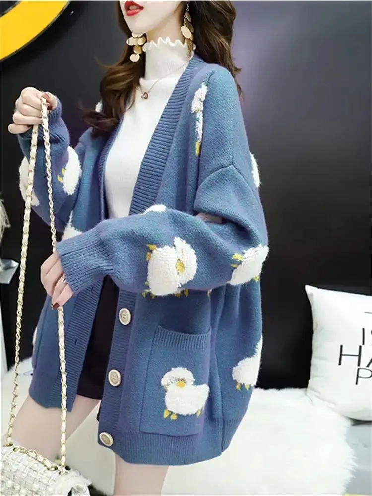 Cozy V-Neck Sheep Print Knit Cardigan from Korea