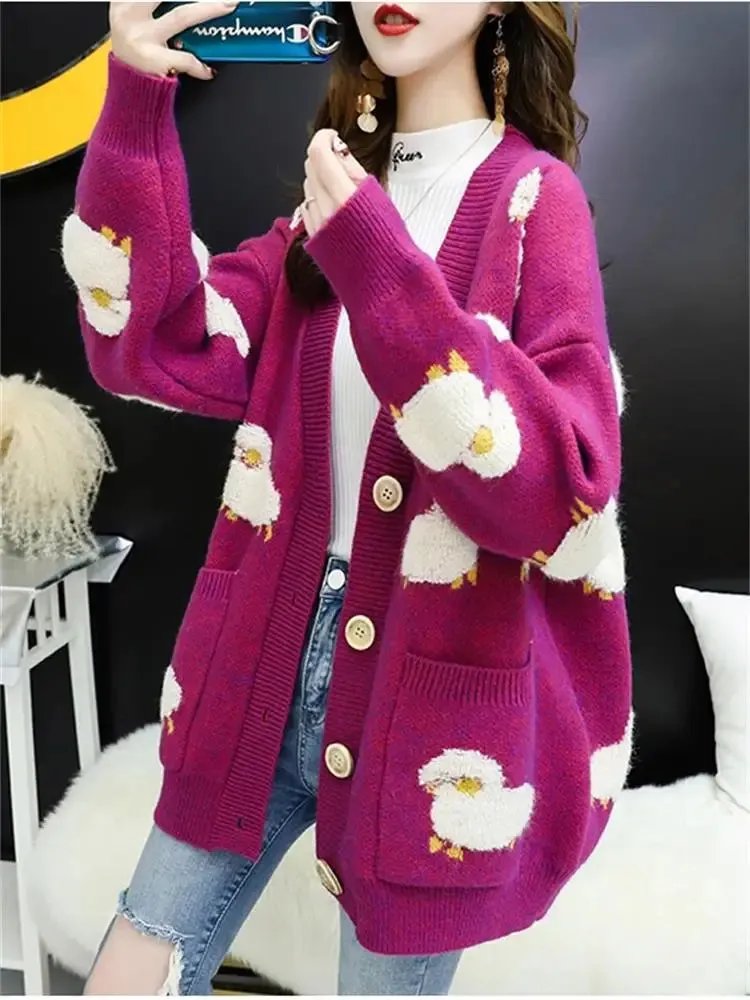 Cozy V-Neck Sheep Print Knit Cardigan from Korea