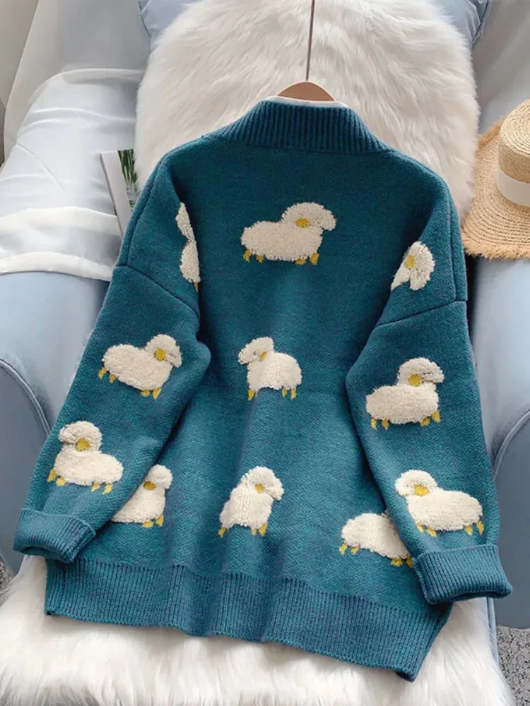 Cozy V-Neck Sheep Print Knit Cardigan from Korea