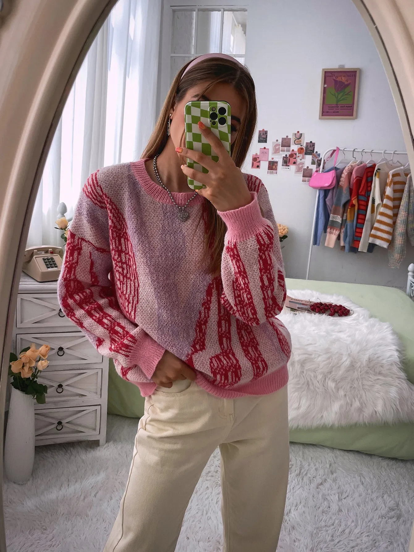 Crew Neck Lovely Time Blush Pink Multi Fuzzy Knit Sweater MYXU4024CA