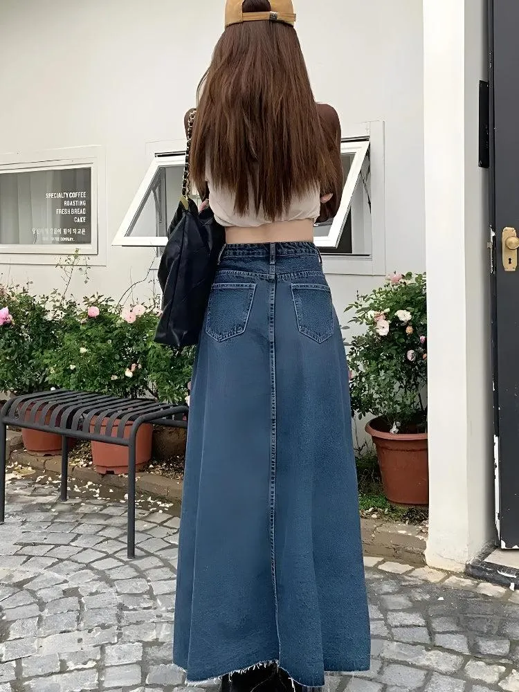 Denim Slit Frayed Hem Maxi Skirt