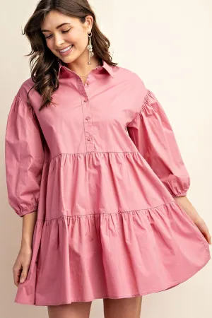 Dusty Pink Button Down Tiered Shirt Dress