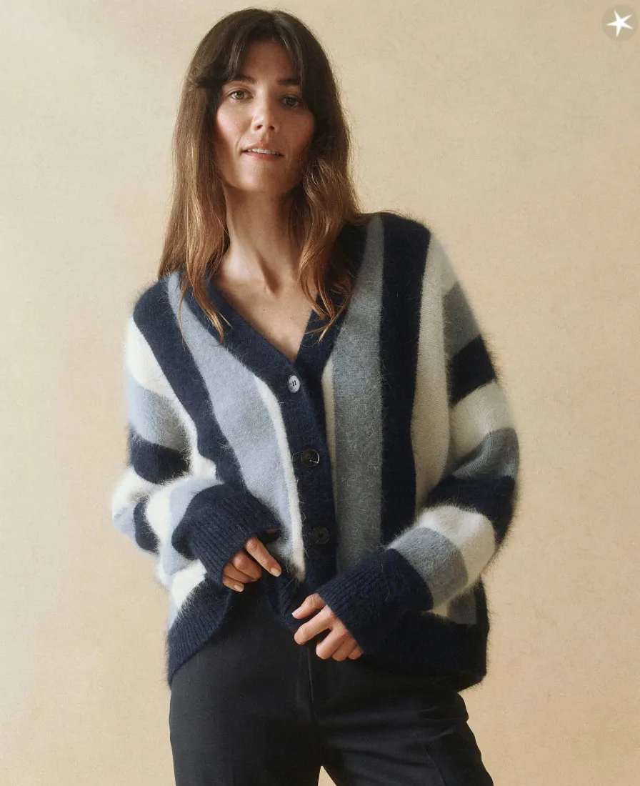 Fluffy Slouch Cardigan ~ Navy Stripe