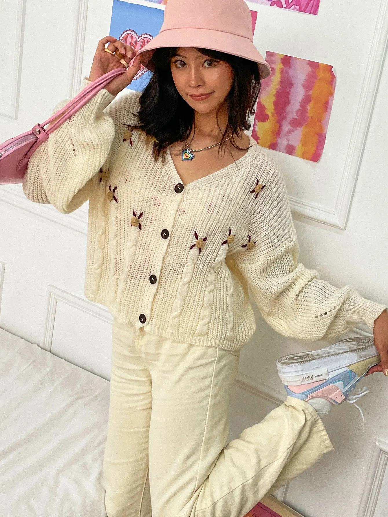 Foral Pattern Drop Shoulder Button-Up Creamy Cardigan MYLU5801XI