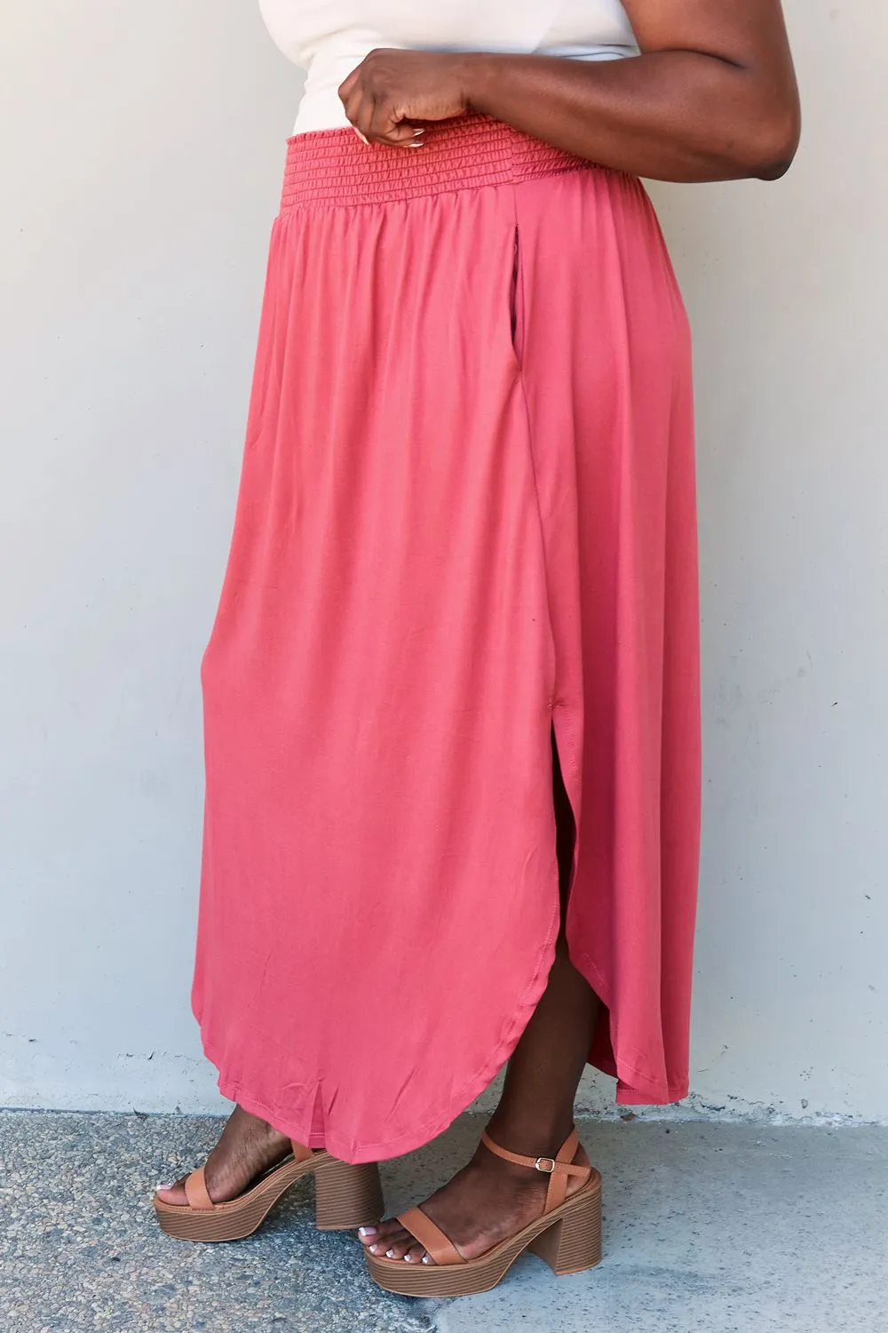 High Waist Scoop Hem Maxi Skirt in Hot Pink