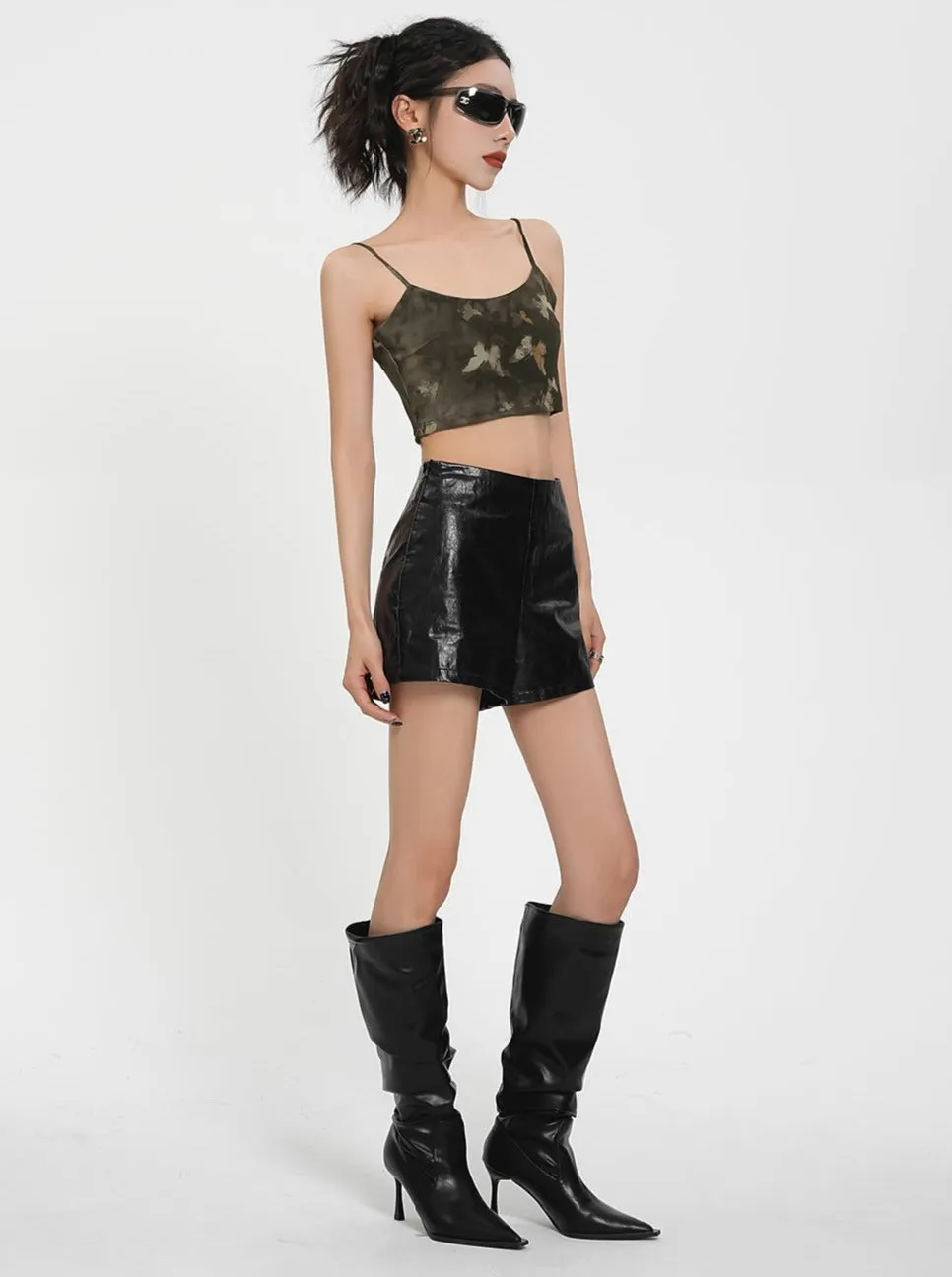 High-Waisted Faux Leather Mini Skirt - Edgy Black Wrap-Style Skort