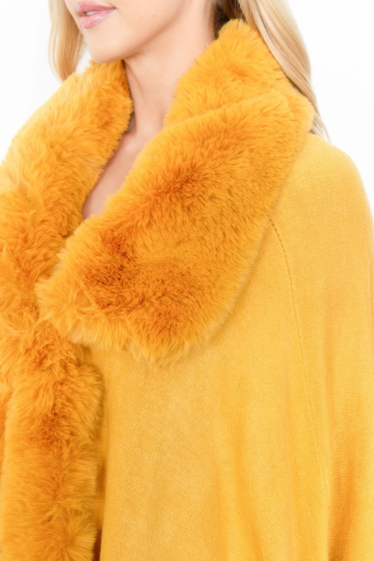 KNEE LENGTH FAUX FUR FUZZY WARM COAT PONCHO