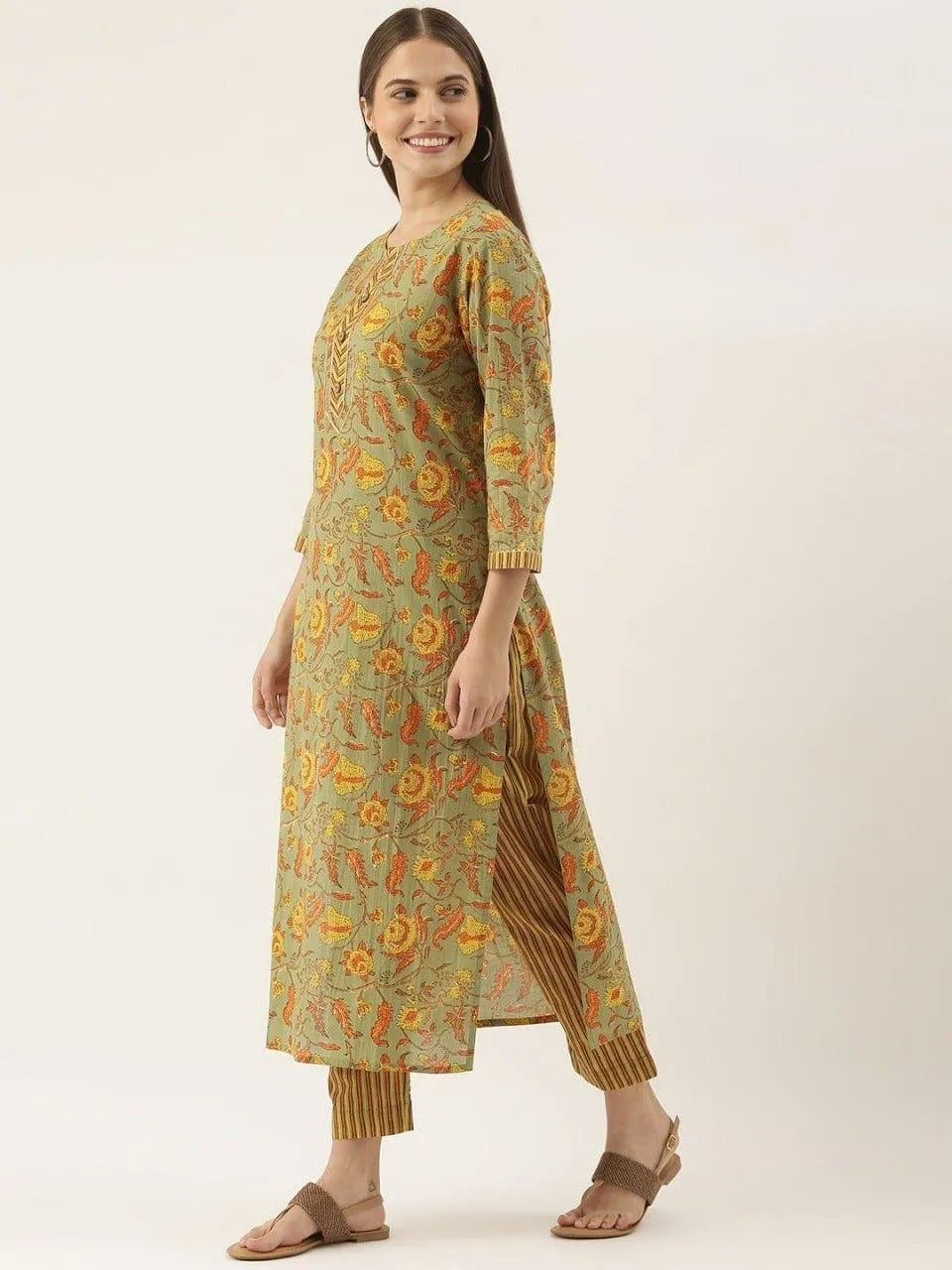 KSUT Olive Green Floral Printed Pure Cotton Kurta with Trousers