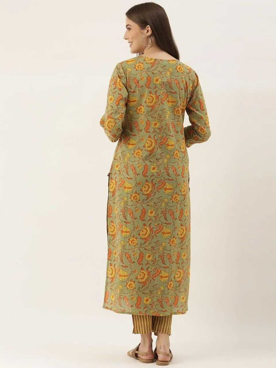 KSUT Olive Green Floral Printed Pure Cotton Kurta with Trousers