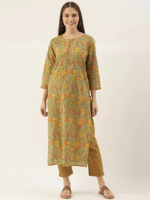 KSUT Olive Green Floral Printed Pure Cotton Kurta with Trousers