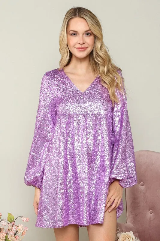 Lavender Festive Sequin Babydoll Mini Dress