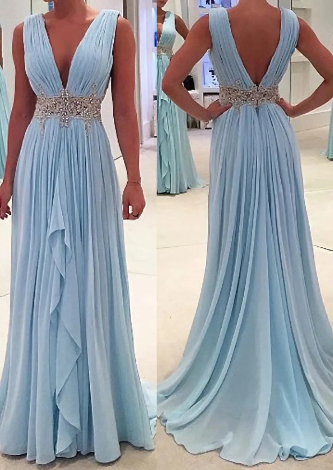 Light Blue A Line Deep V Neck Off The Shoulder Beads High Low Back V Long Charming Woman Prom Dresses