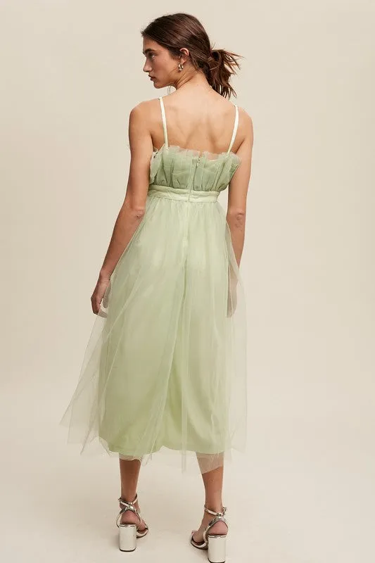 Light Green Paper Bag Frill Tulle Maxi Dress