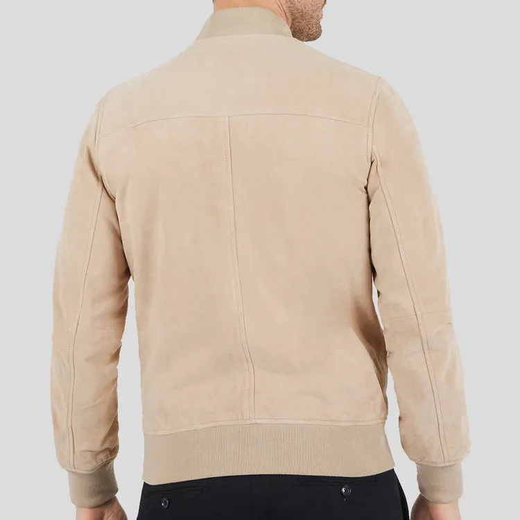 Men Beige Suede Bomber Jacket