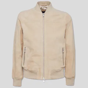 Men Beige Suede Bomber Jacket