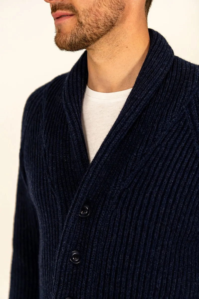 Mens ribbed Shawl Collar wool Cardigan - Navy