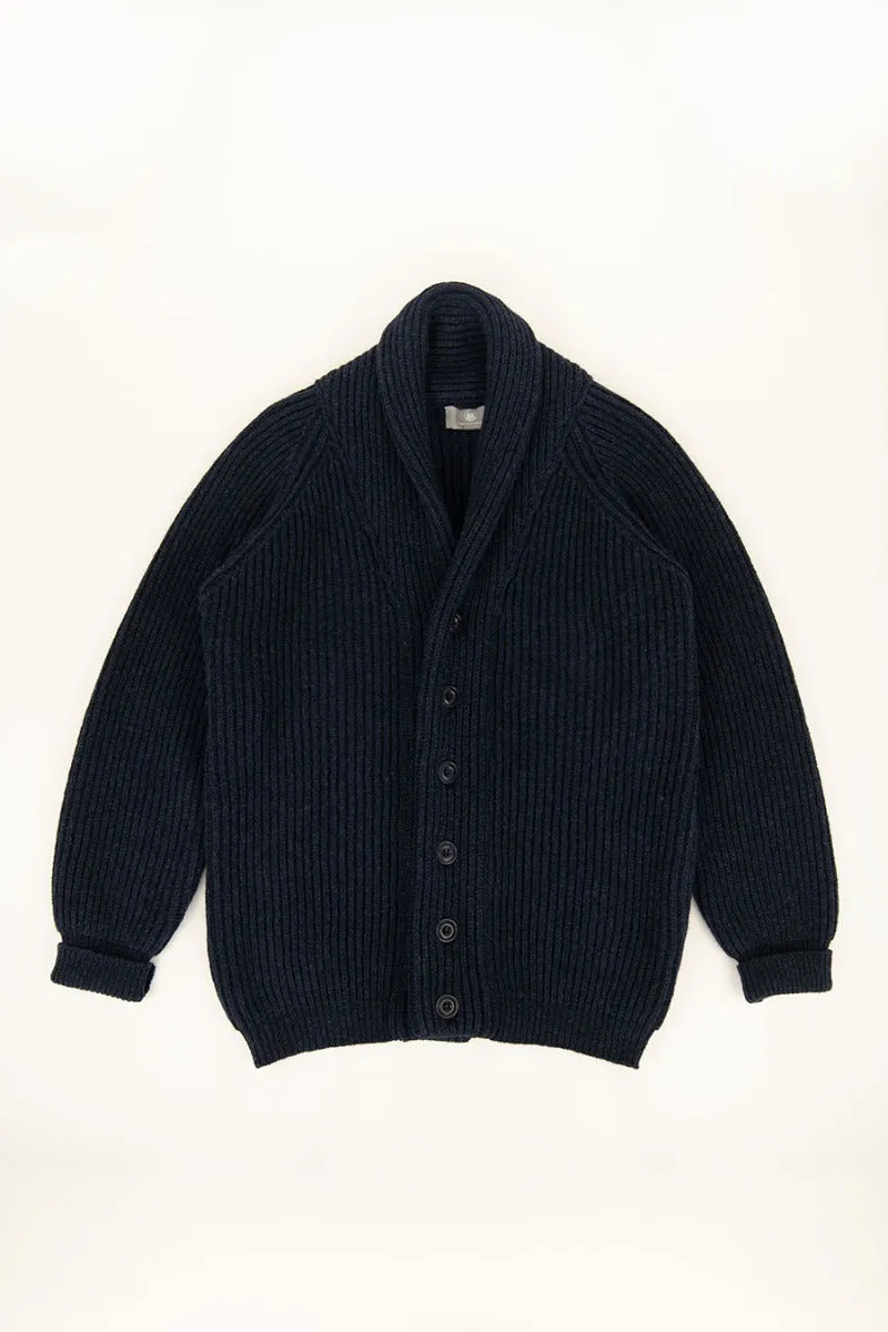 Mens ribbed Shawl Collar wool Cardigan - Navy