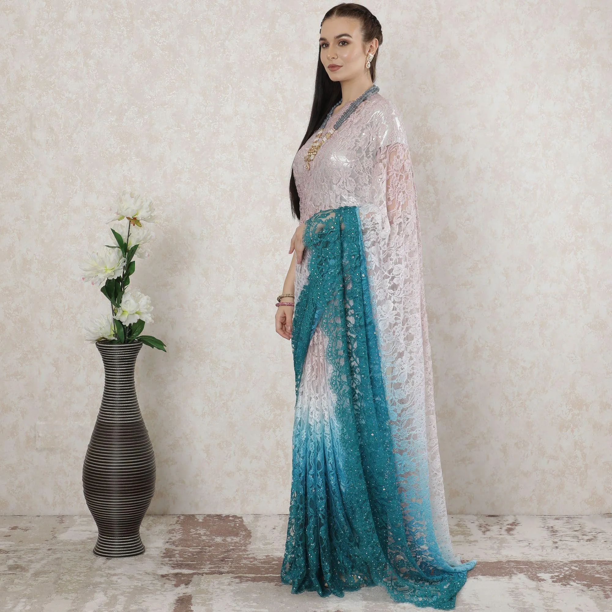 Multicolor Premium pure French chantilly lace saree having stone work in floral design-D14523