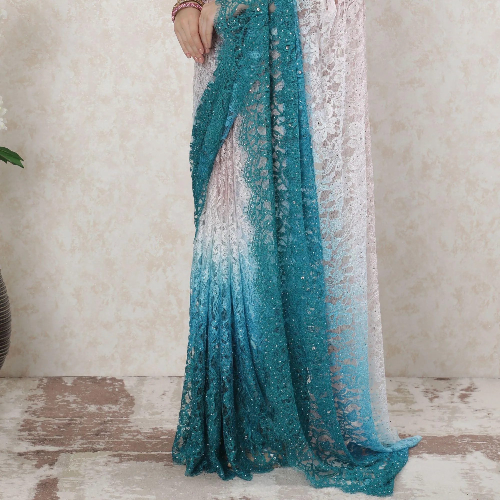 Multicolor Premium pure French chantilly lace saree having stone work in floral design-D14523