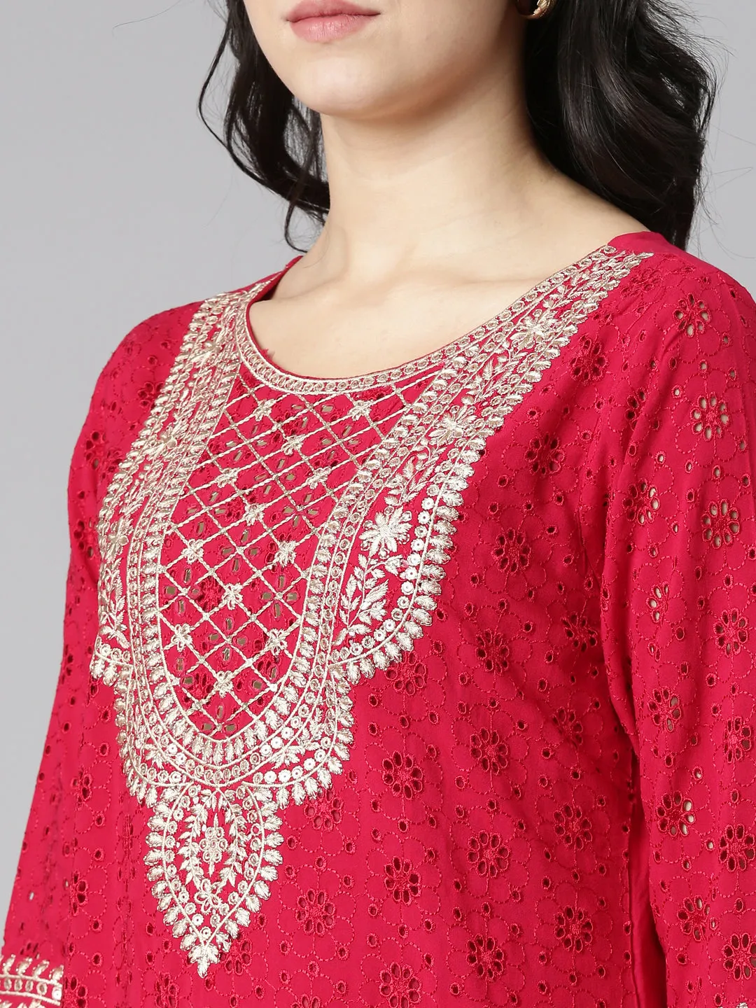 Neeru's Pink Regular Straight Solid Kurta And Trousers With Dupatta