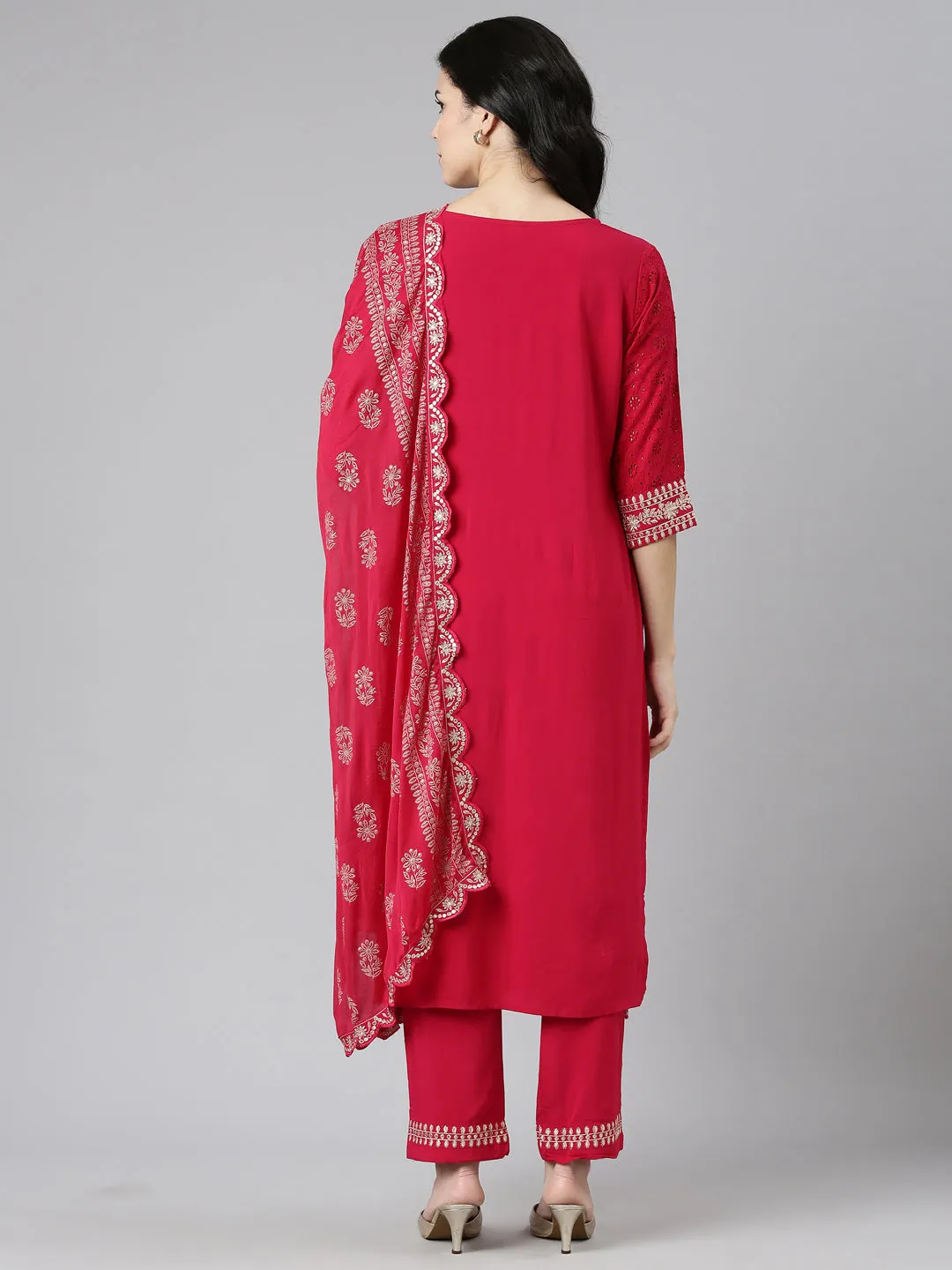 Neeru's Pink Regular Straight Solid Kurta And Trousers With Dupatta