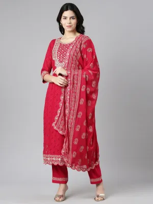 Neeru's Pink Regular Straight Solid Kurta And Trousers With Dupatta